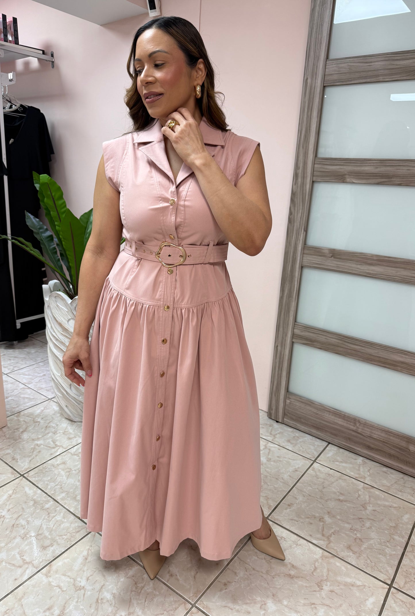 Lorena Blush Pink-Button Down Maxi Dress