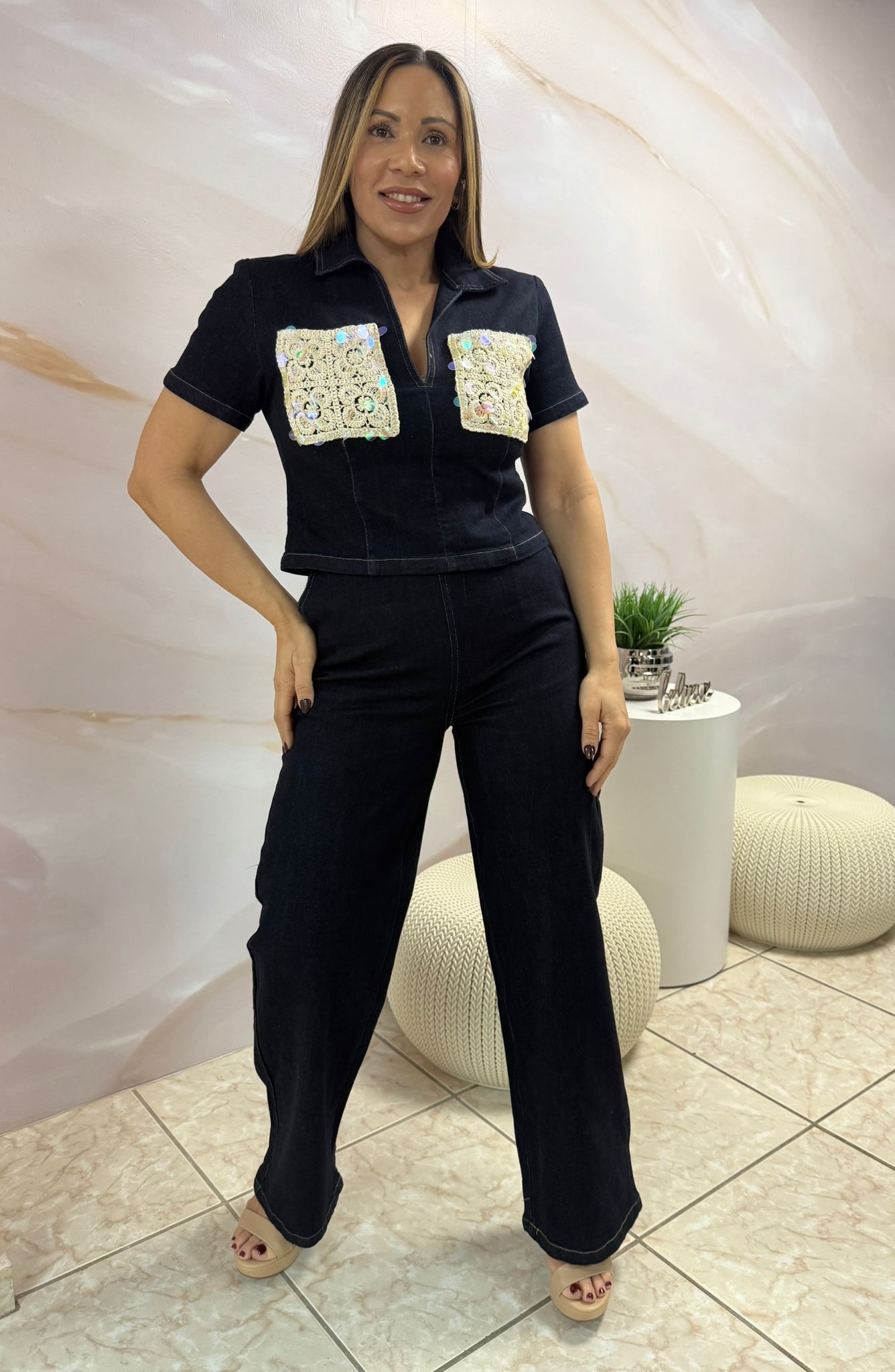 Denim with Crochet Top & Pant Set