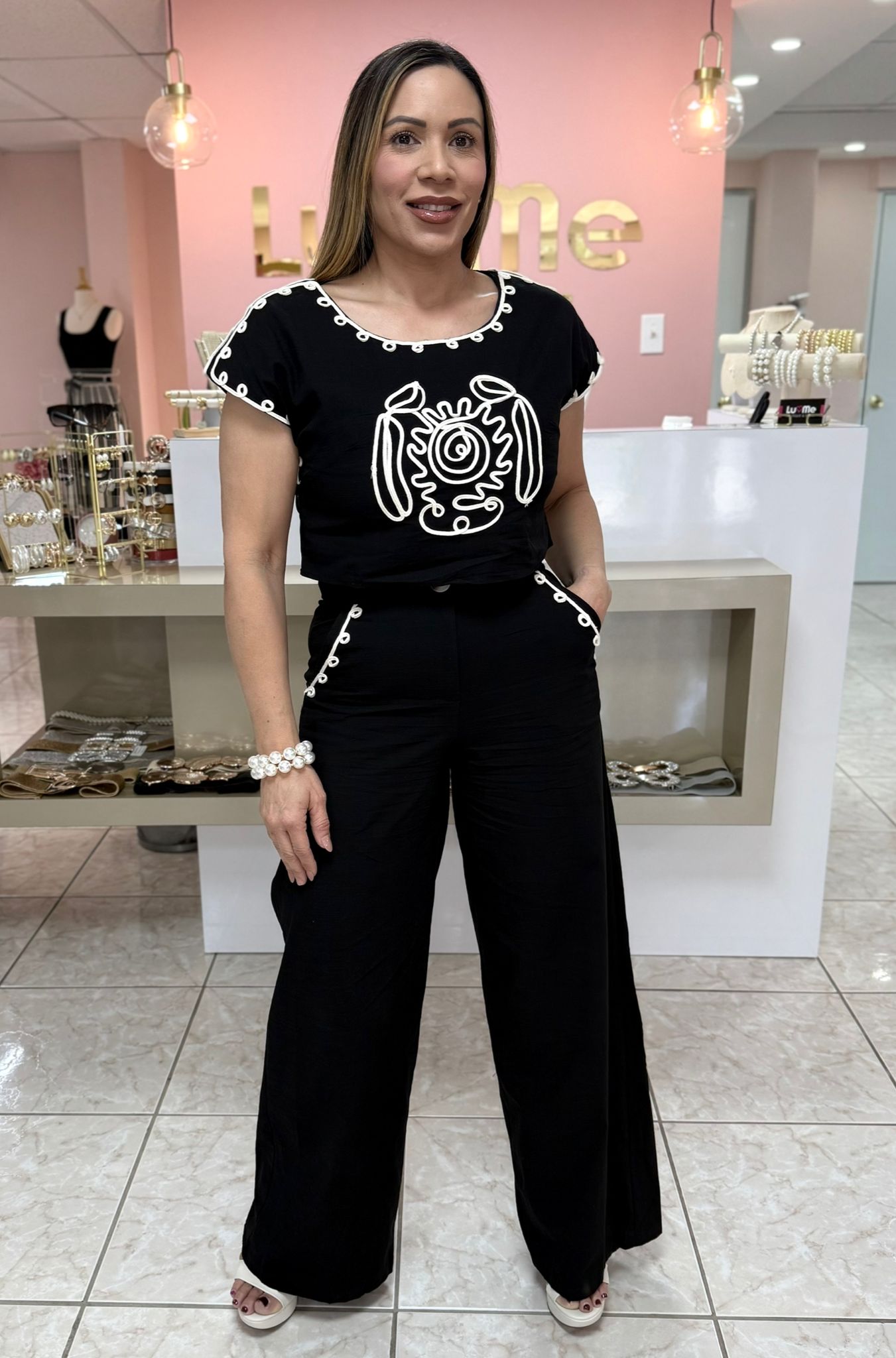 Black/White Linen Top & Pant Set