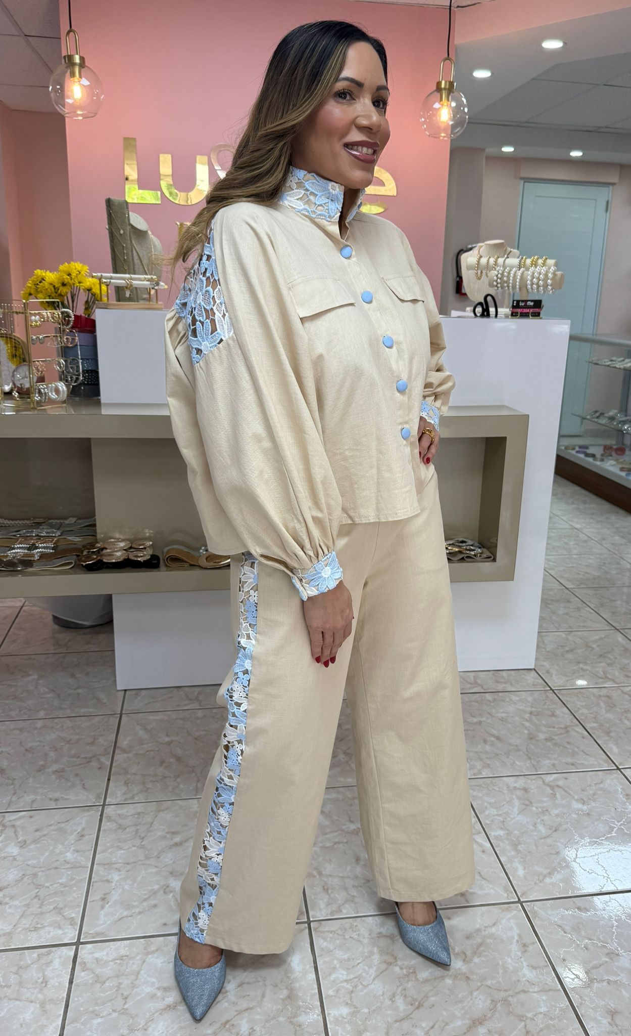 Ivory/Blue Linen Set