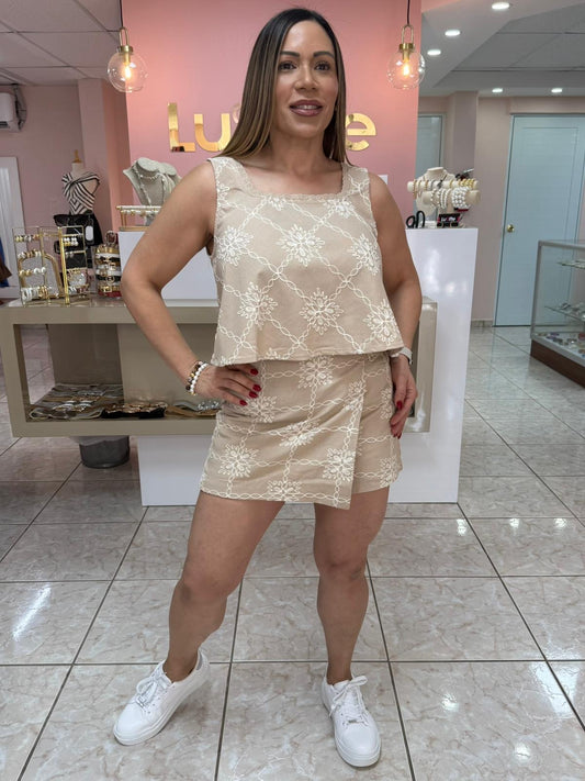 Embroidery Linen Top & Skort Set