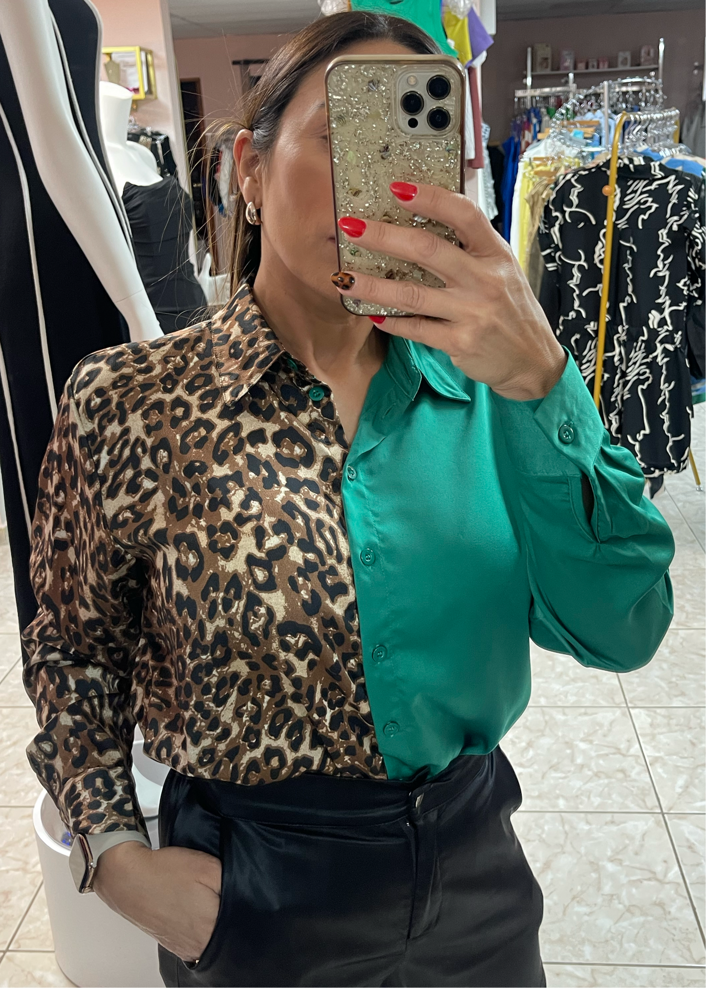 Green/Animal Print Top