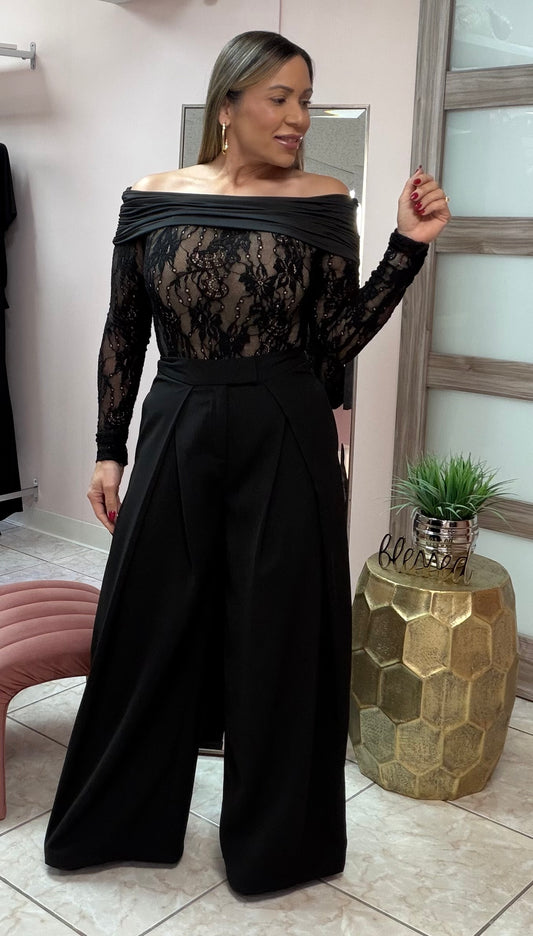 Black/Ivory Embroidery Bodysuit