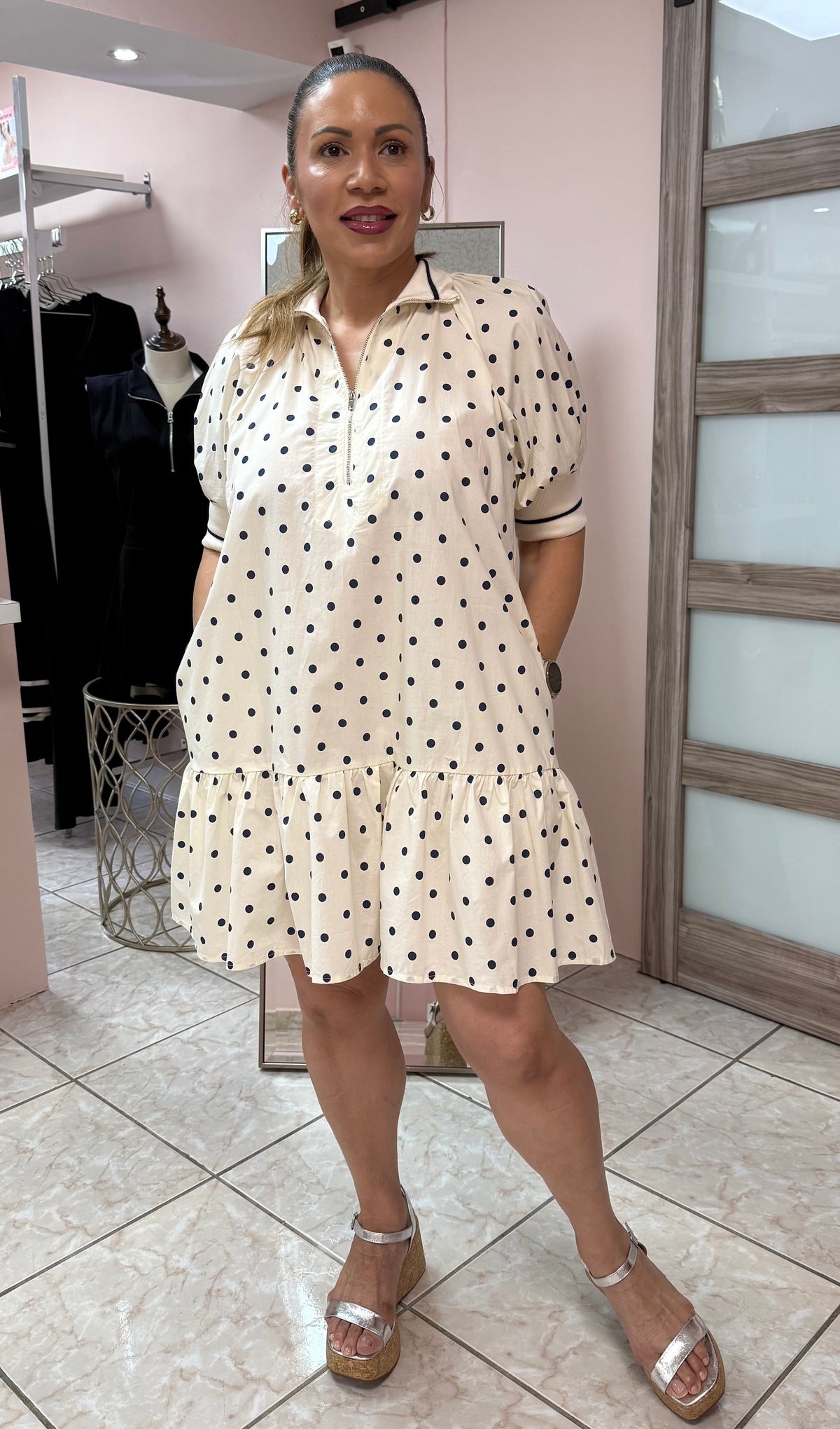 Ivory/Navy Polka Dots Dress