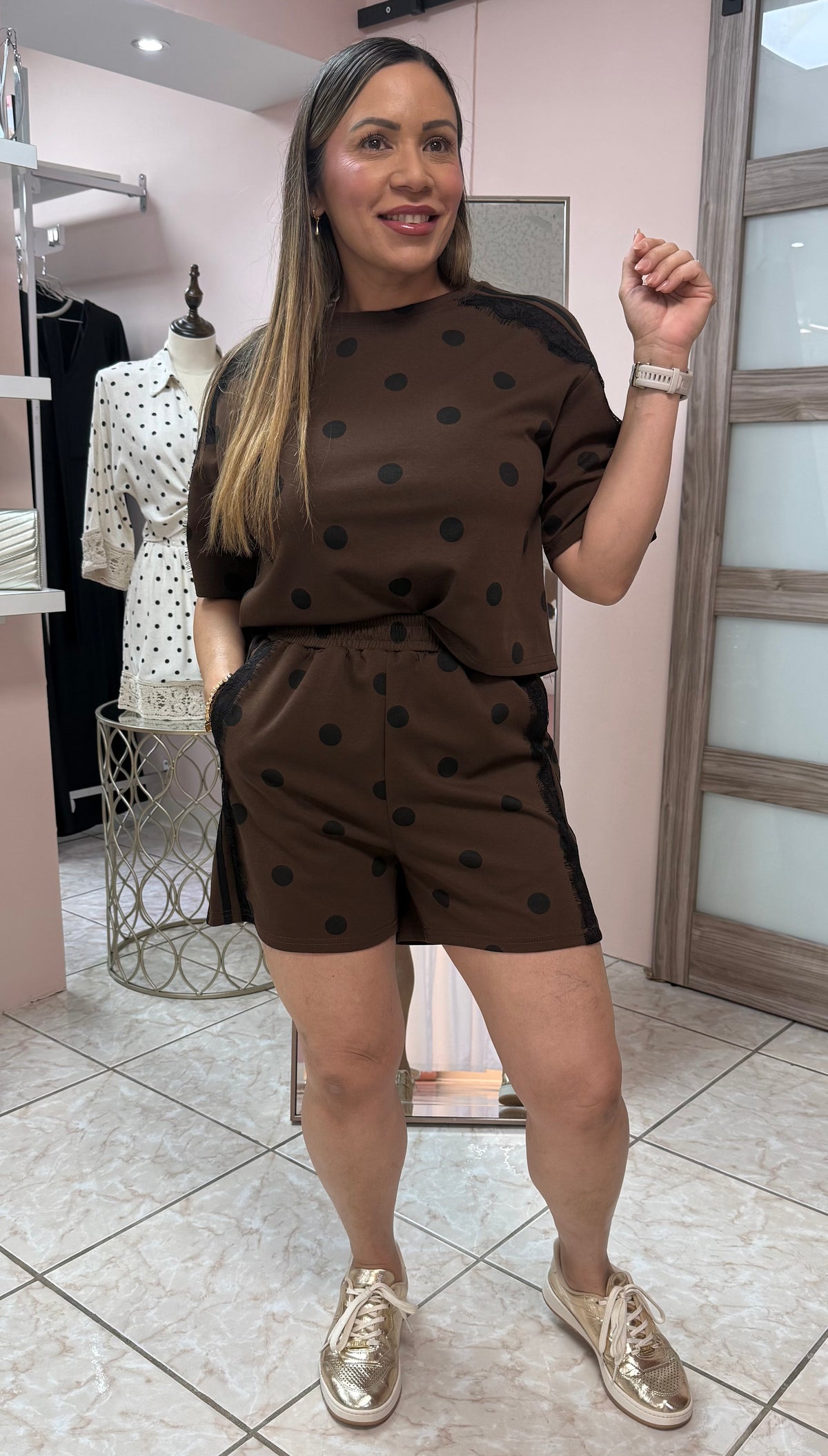 Catalina” Brown Polka Dots Top & Short Set