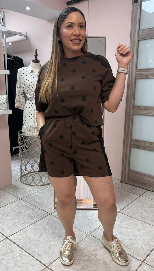 Catalina” Brown Polka Dots Top & Short Set