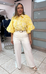 Yellow/White Stripes with Flowers Details Top