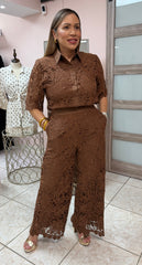 Brown Embroidery Top & Pant Set