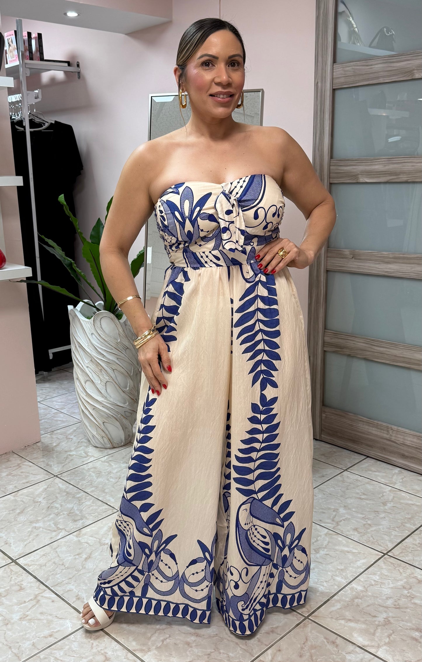 Ivory/Blue Printed Jumpsuit