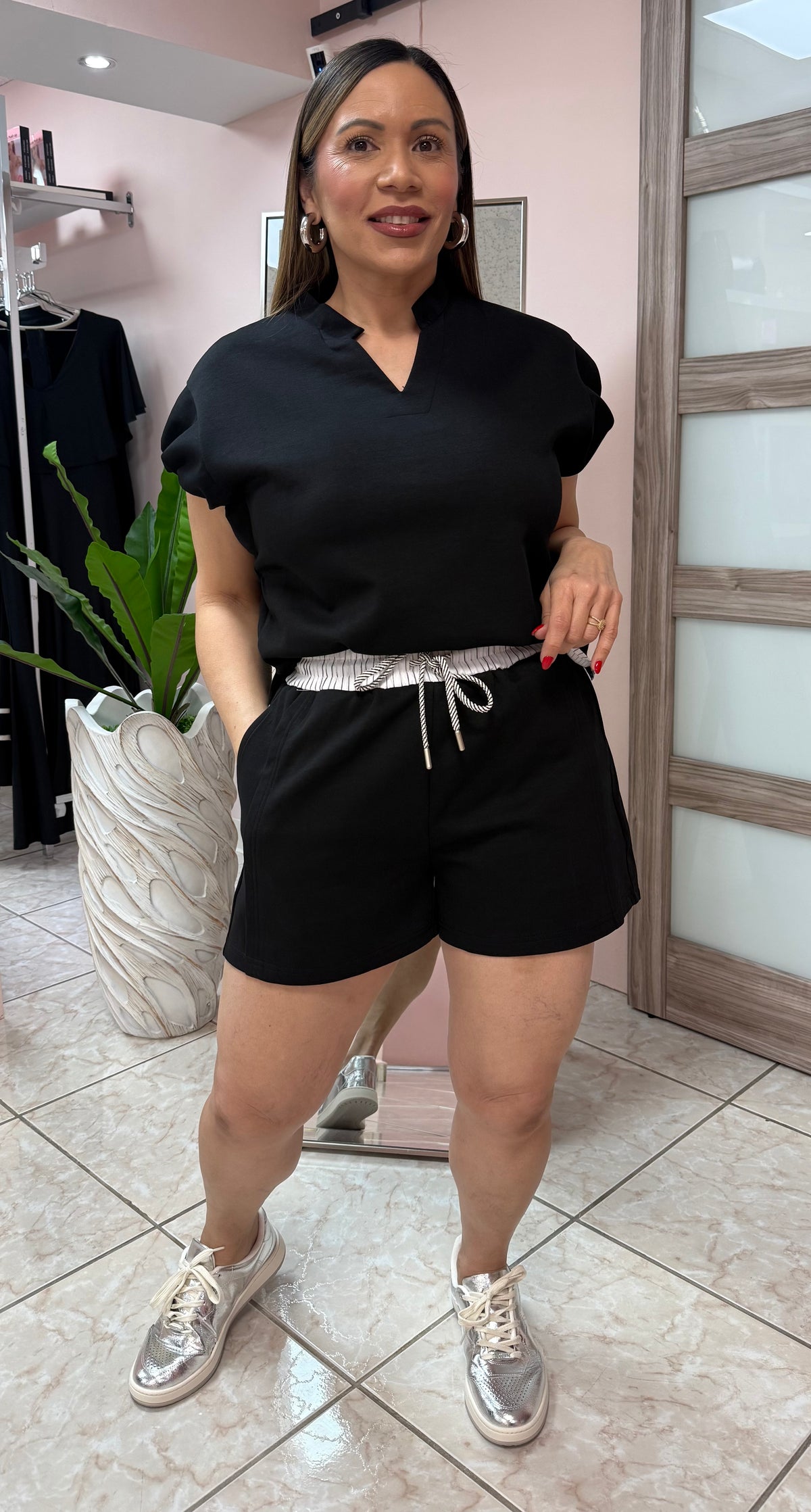 Black V- Neck Short Set