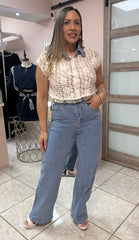Tiana Embroidery Top with Denim Pant Set