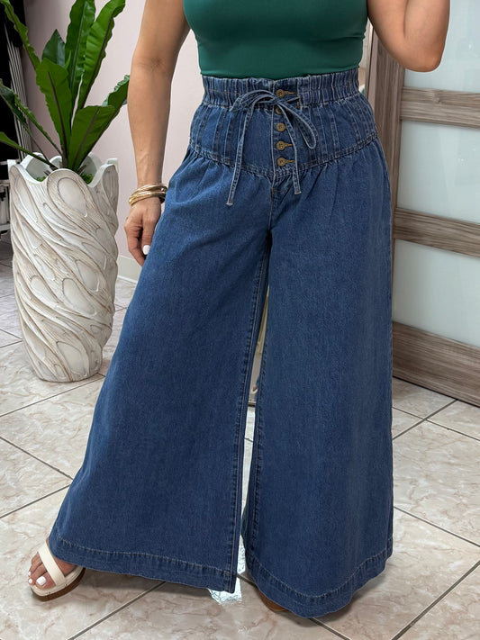 Indigo Pleated Wide Leg Jeans