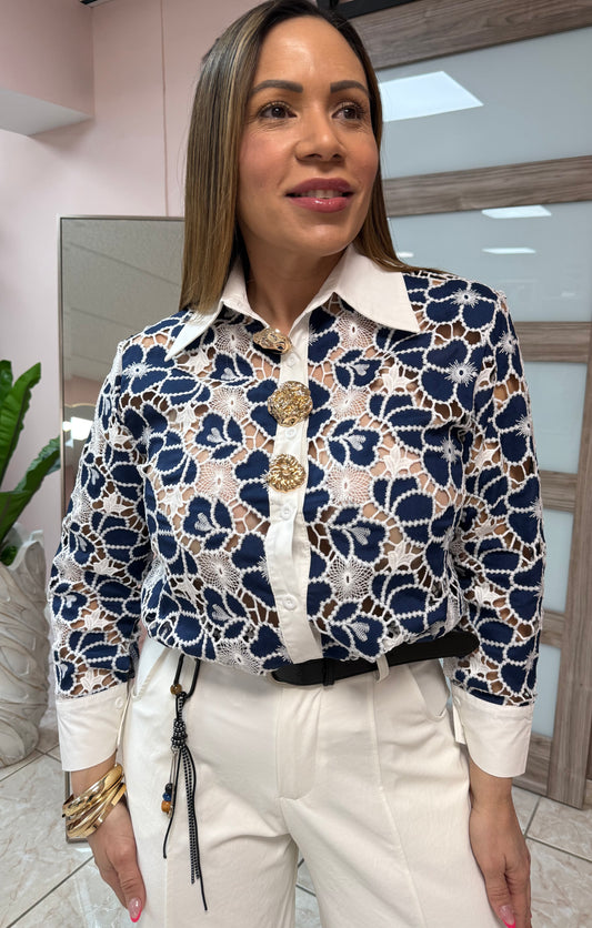 White/Navy Embroidery Top