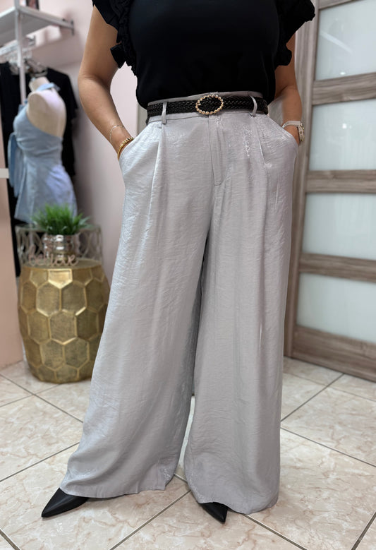 Silver Satin Pant with Belt
