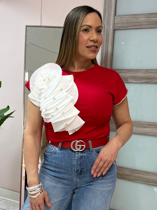 Red Sleeve Flower Top