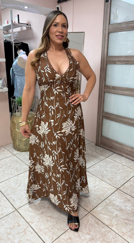 Brown Printed Midi Dress