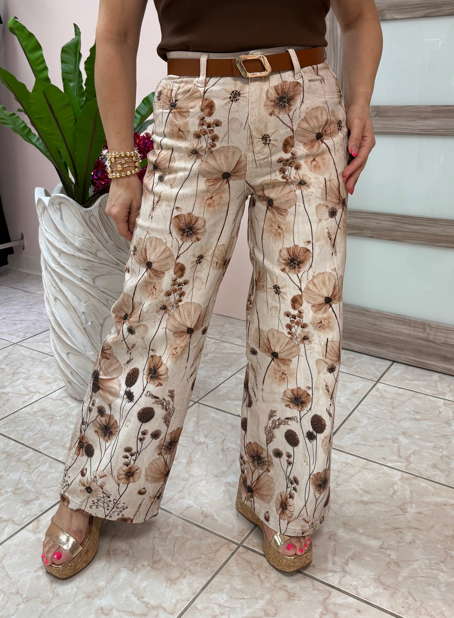 Beige Multi Print Jeans