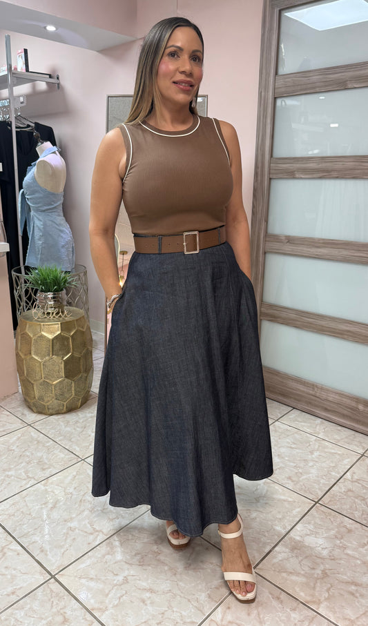 Camel/Denim Midi Dress