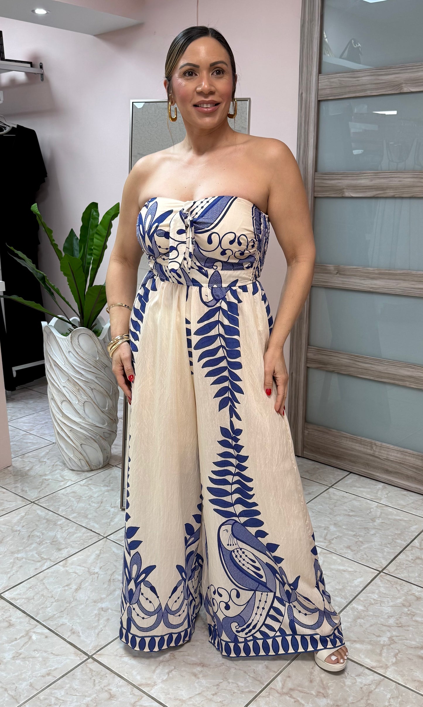 Ivory/Blue Printed Jumpsuit