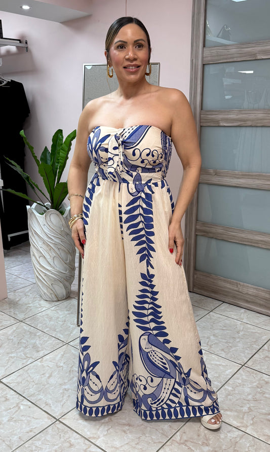 Ivory/Blue Printed Jumpsuit