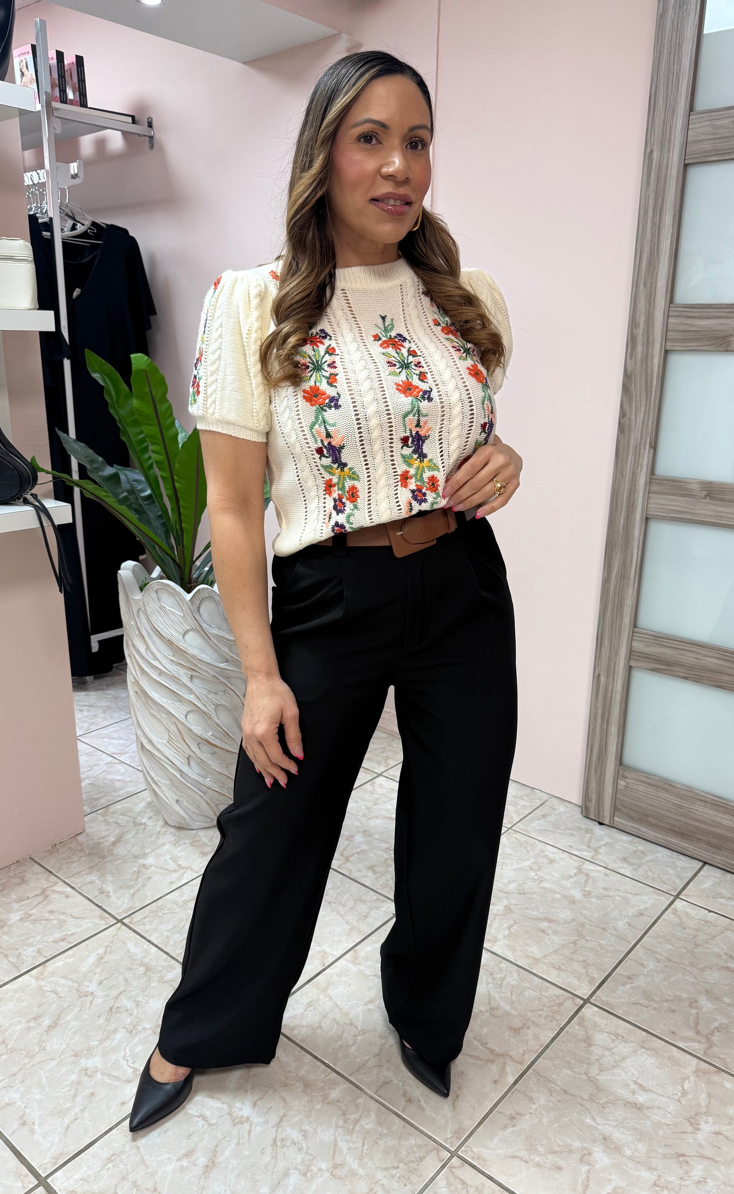 Floral Embroidery Cream Top