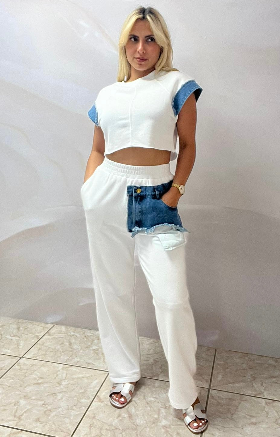 White with Denim Top & Pant Set