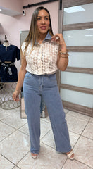 Tiana Embroidery Top with Denim Pant Set