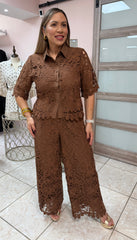 Brown Embroidery Top & Pant Set