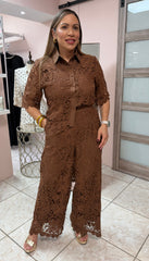 Brown Embroidery Top & Pant Set