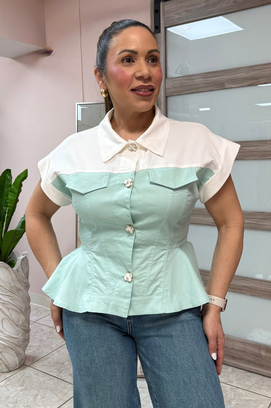 Mint Button-Down Color Block Top
