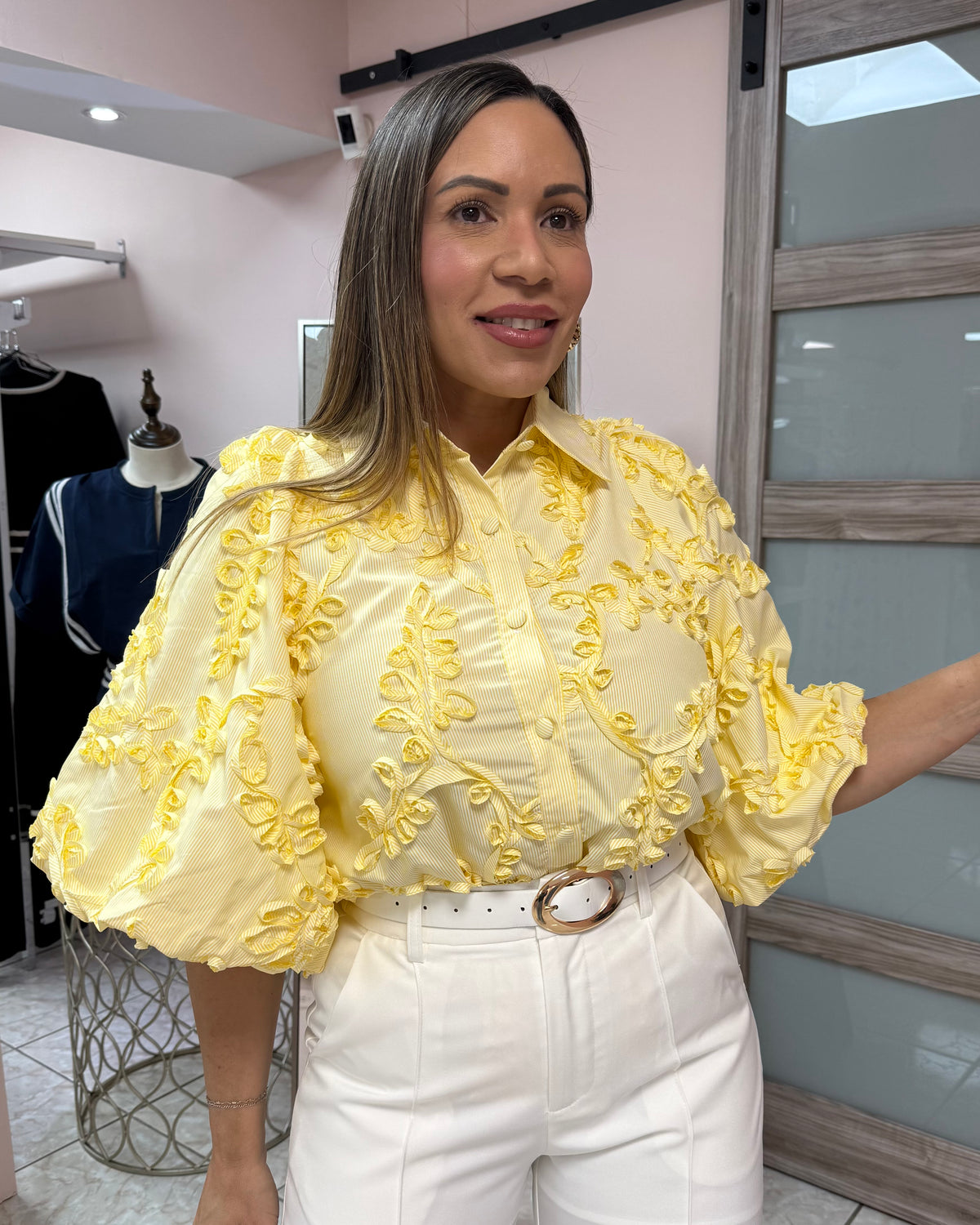 Yellow/White Stripes with Flowers Details Top