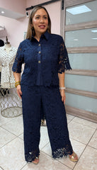 Navy Embroidery Top & Pant Set