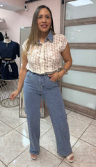 Tiana Embroidery Top with Denim Pant Set