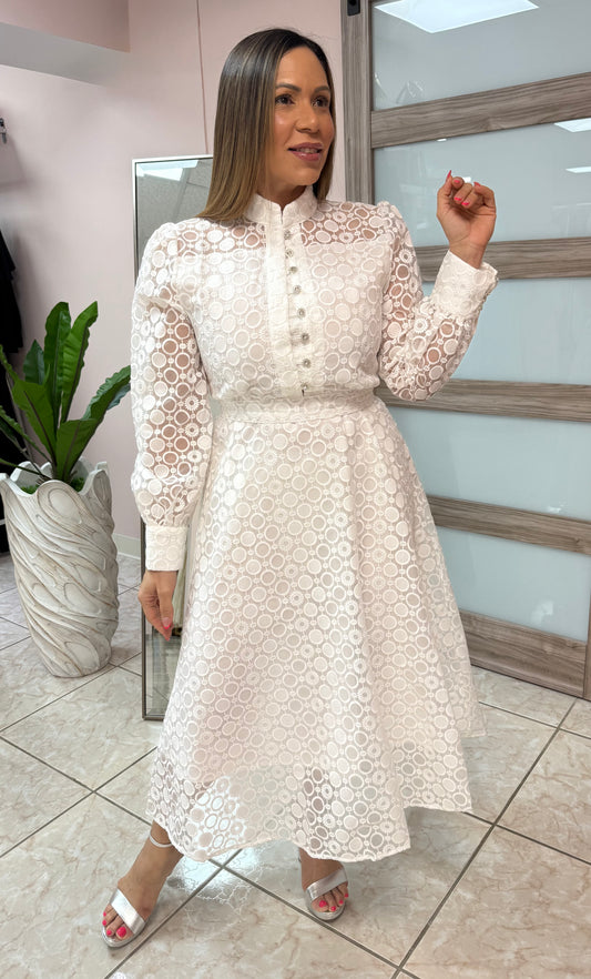 White Embroidery Midi Dress