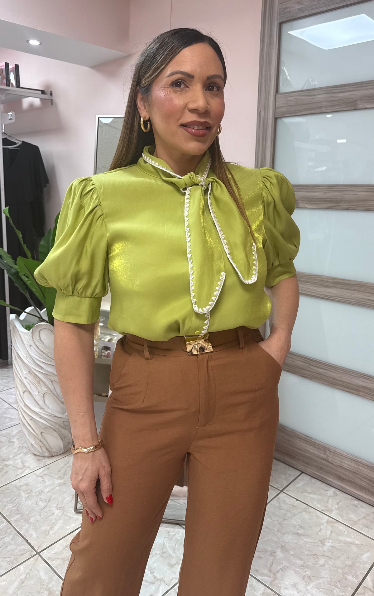 Lime Puff Sleeve Blouse