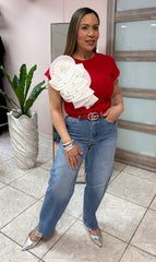 Red Sleeve Flower Top