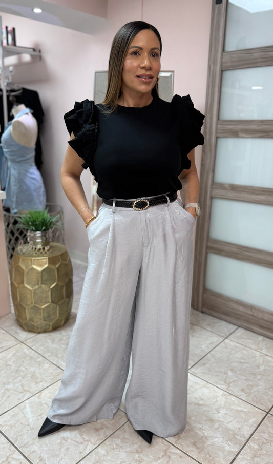 Silver Satin Pant with Belt