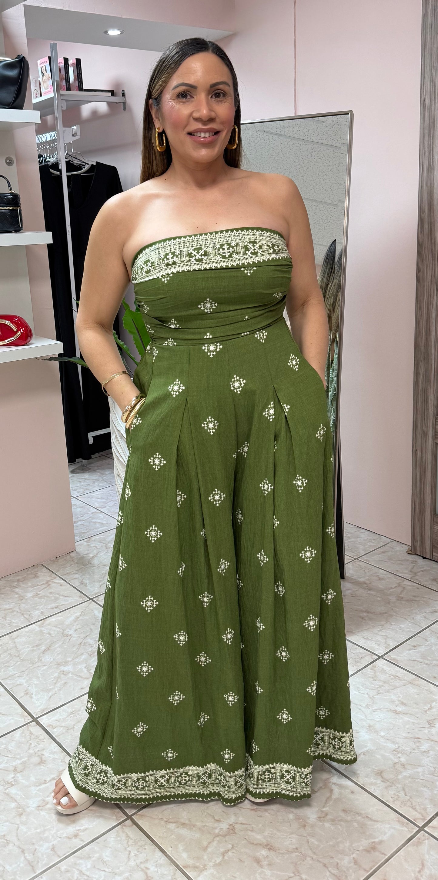 Olive Printed Elastic Back Waisted Jumpsuit