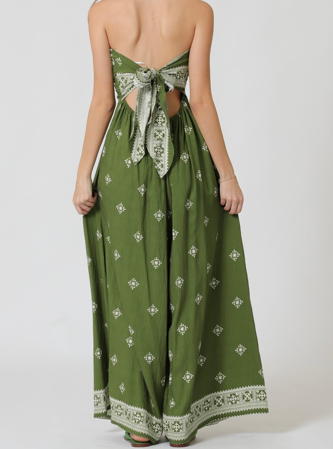 Olive Printed Elastic Back Waisted Jumpsuit