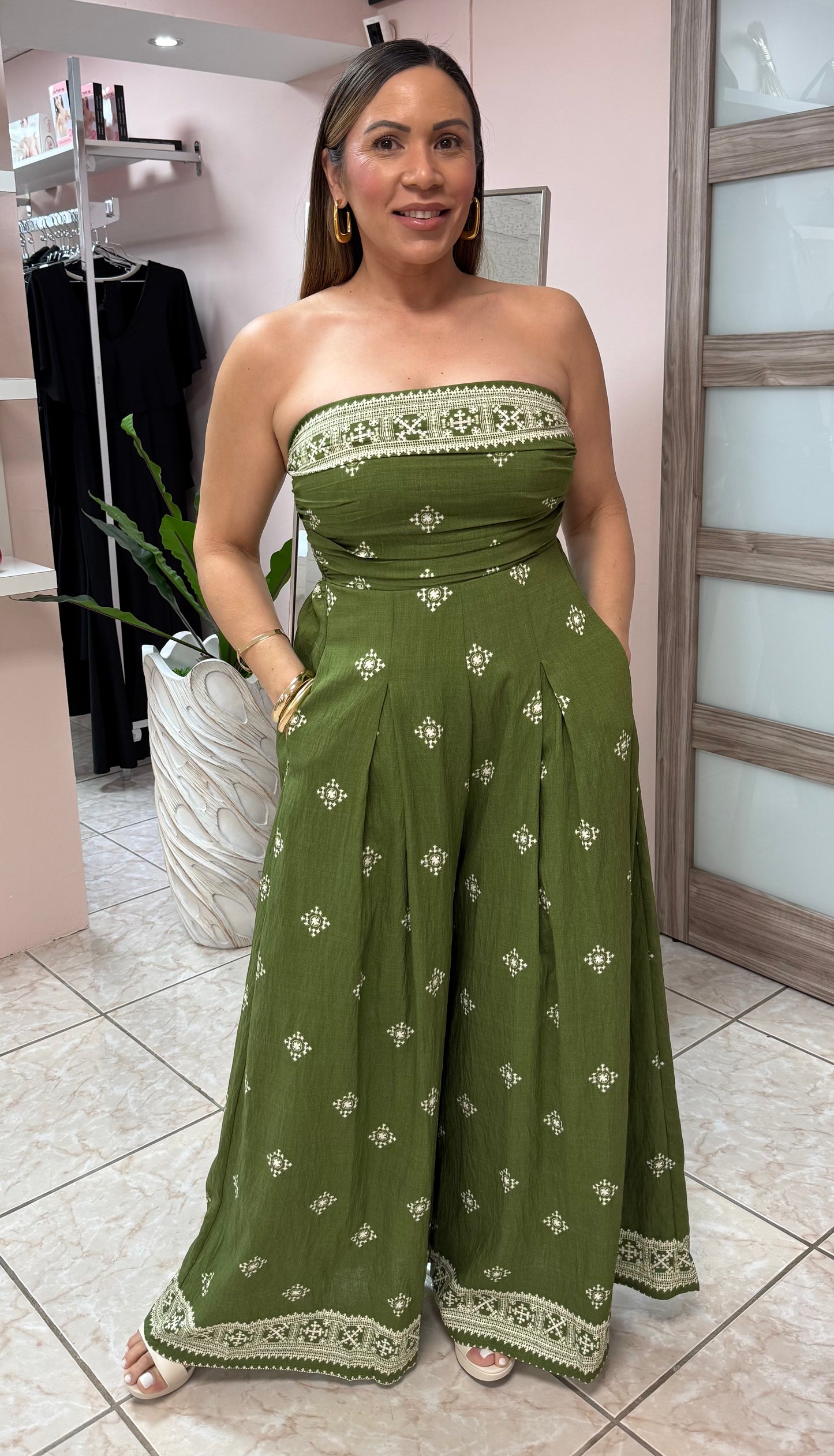 Olive Printed Elastic Back Waisted Jumpsuit