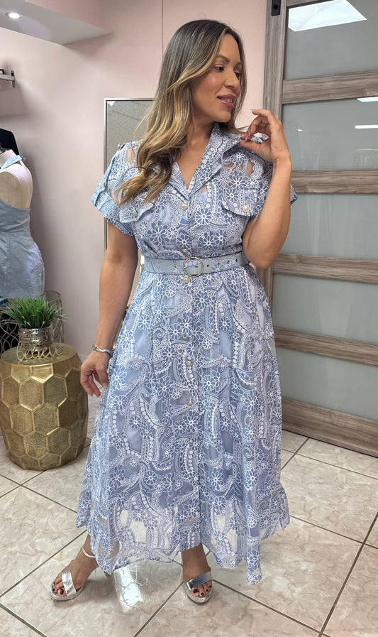 Sky Blue Embroidery Midi Dress