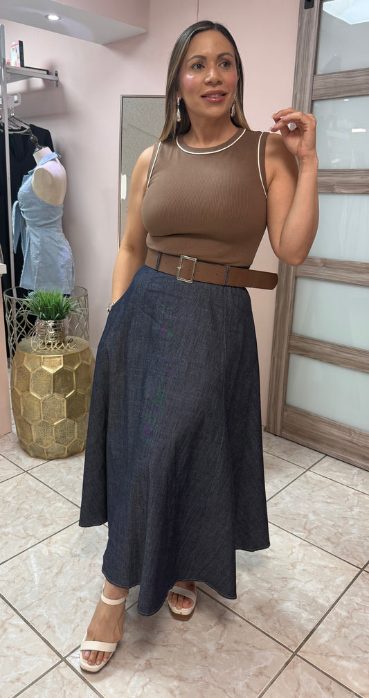 Camel/Denim Midi Dress