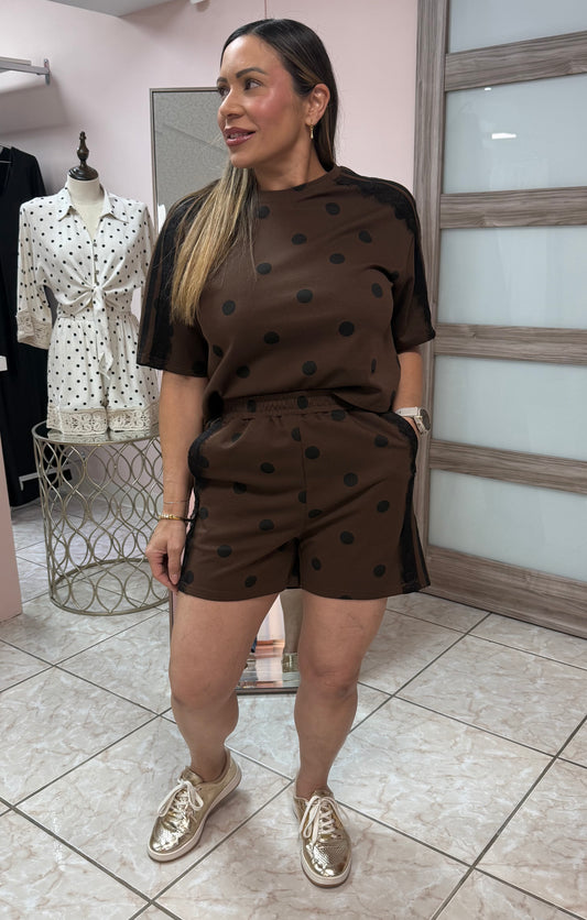 Catalina” Brown Polka Dots Top & Short Set