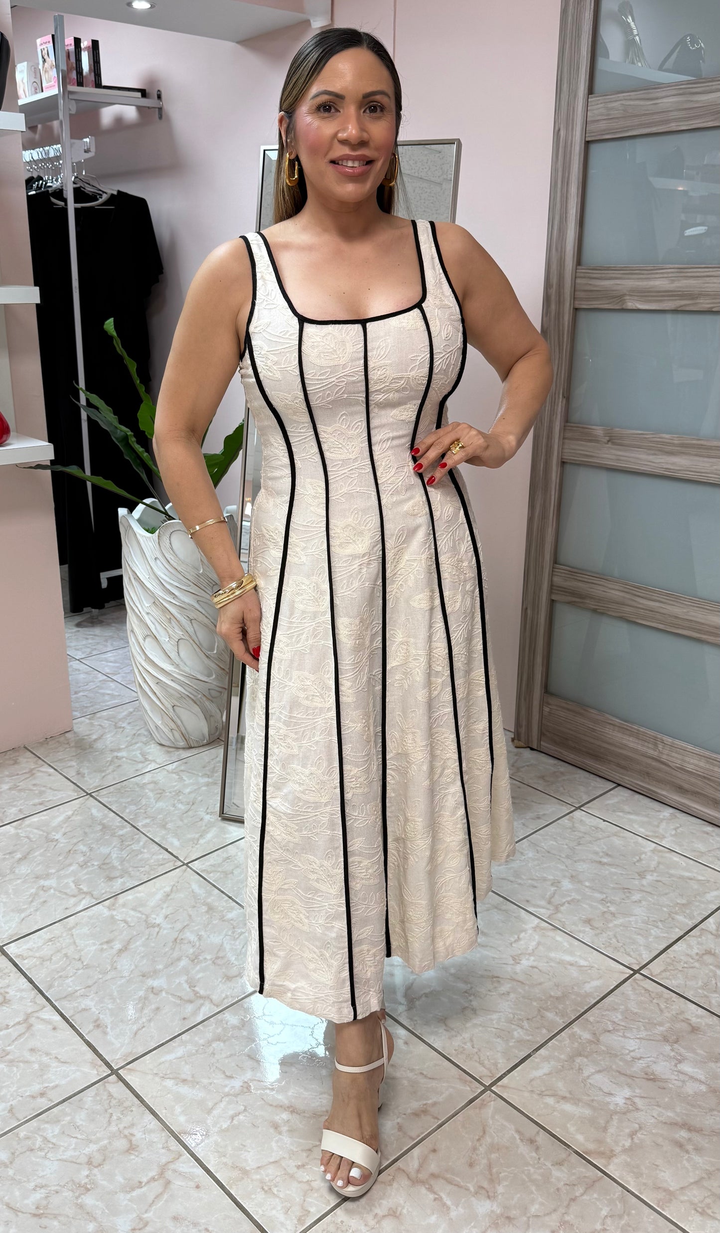 Natural Linen Embroidery Midi Dress