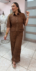 Brown Embroidery Top & Pant Set