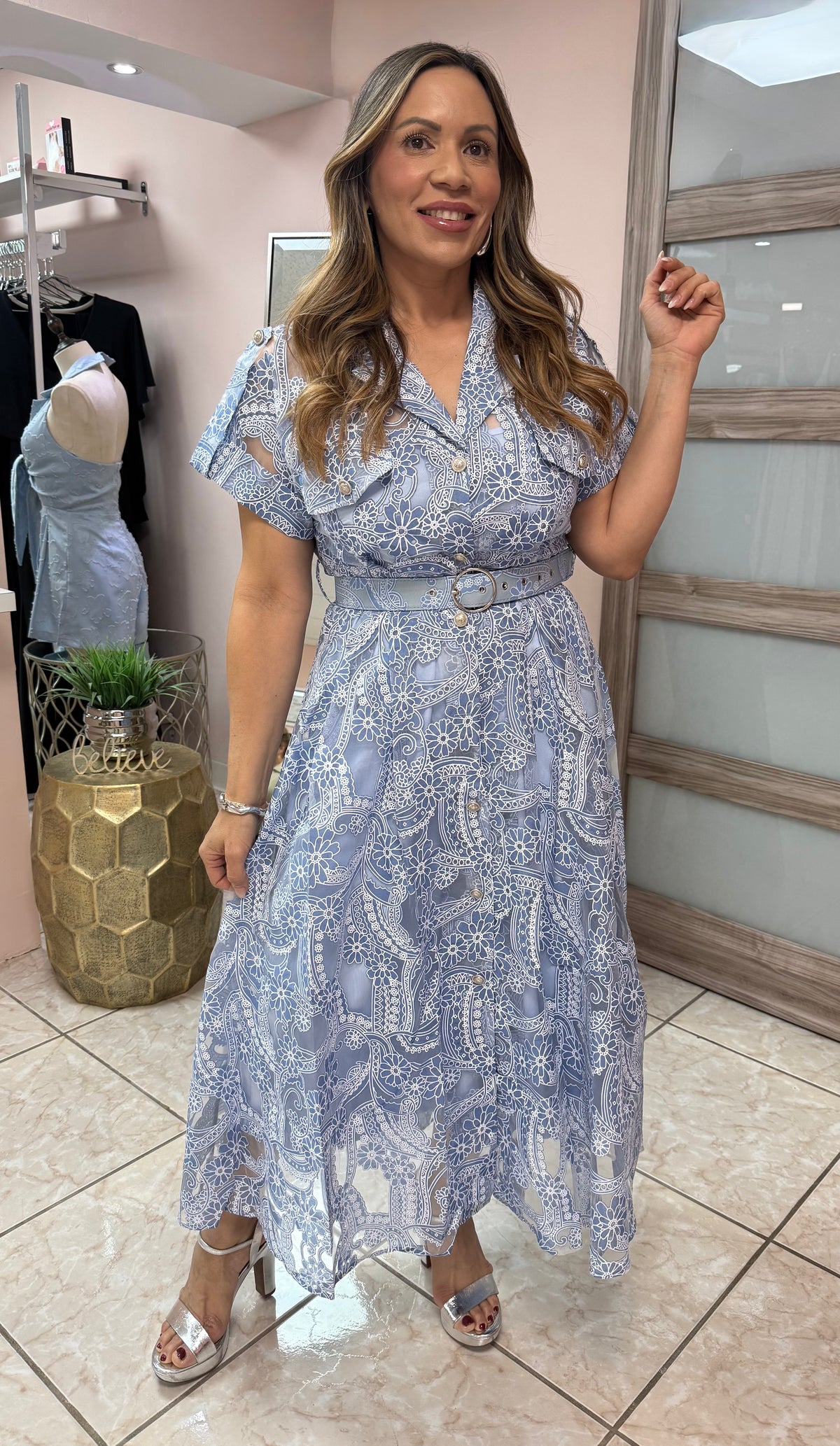 Sky Blue Embroidery Midi Dress