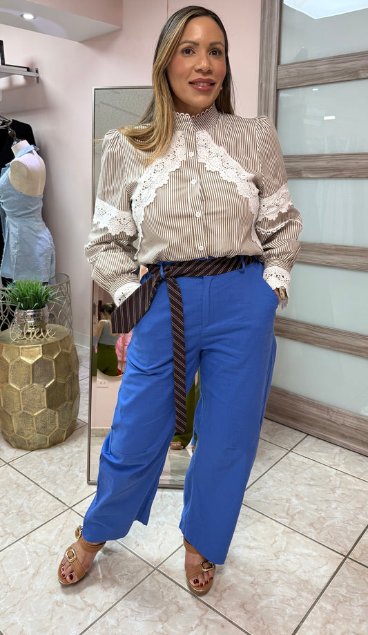 Blue Linen Pant with Tie Belt