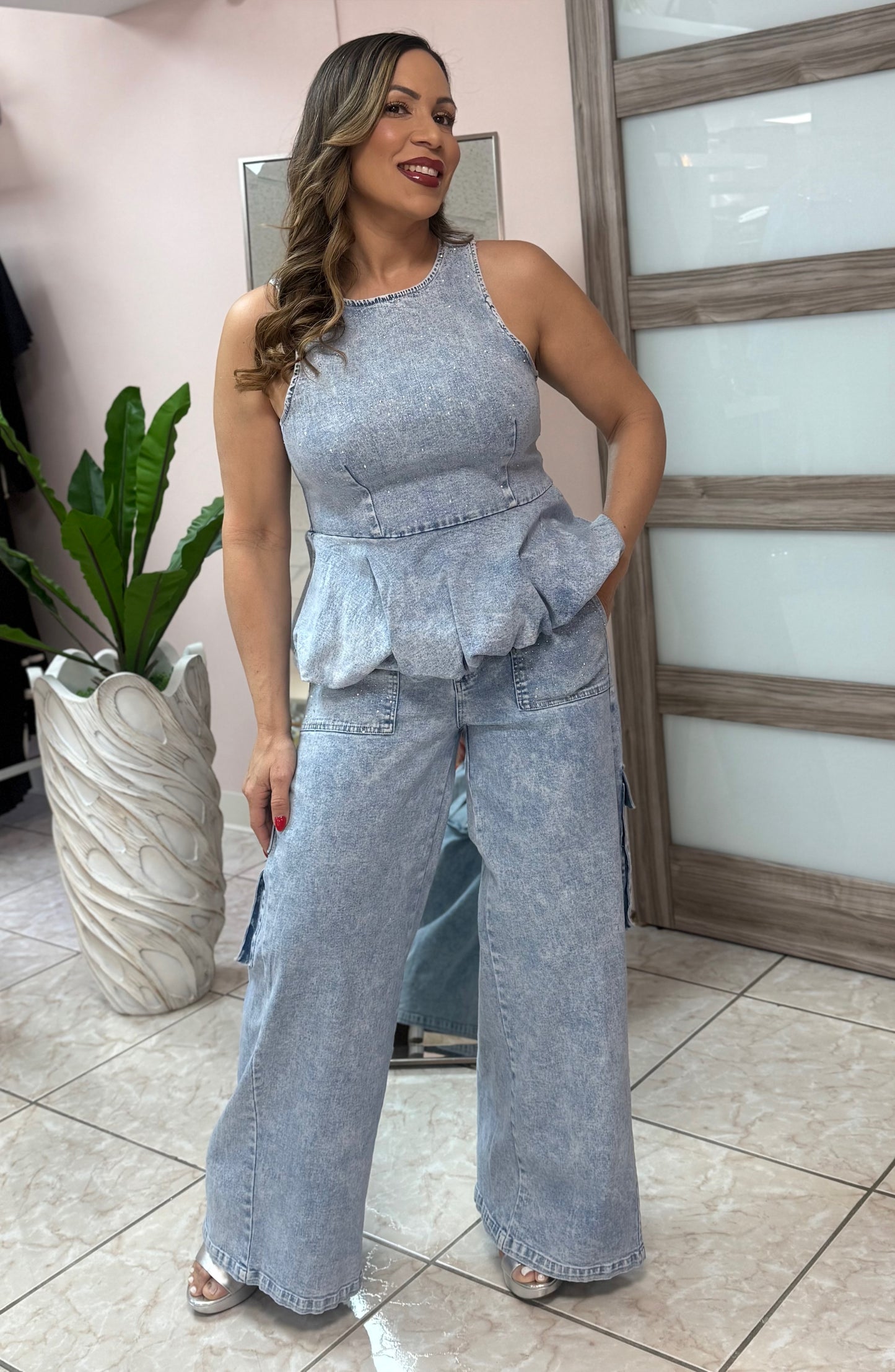 Denim Blue Top & Cargo Pant Set