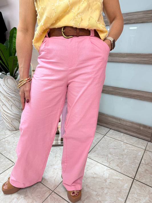 Pink Linen Pant with Belt