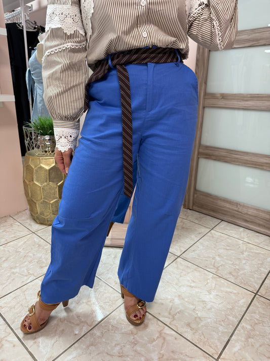 Blue Linen Pant with Tie Belt